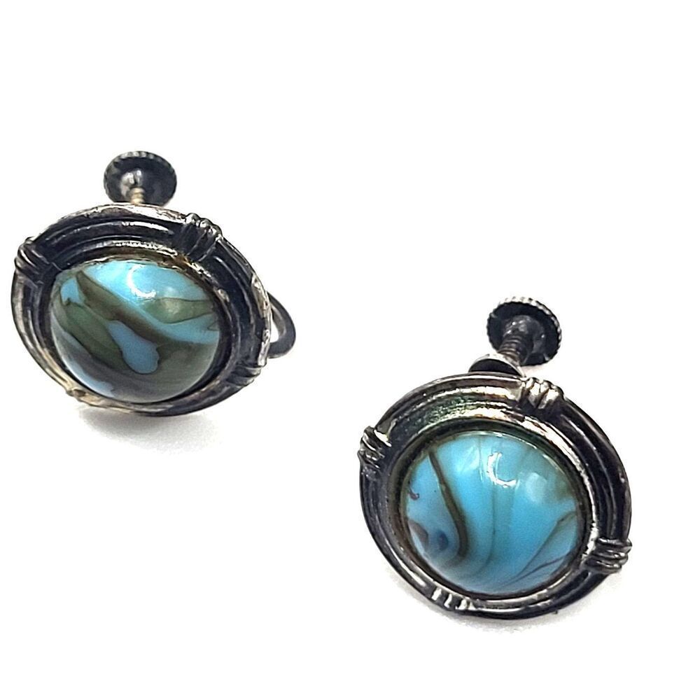 Vintage 60s Sterling Marble Turquoise Screw Back Earrings 0.5in
